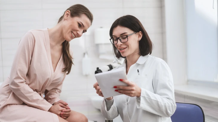 Médica segurando papel e mostrando para paciente