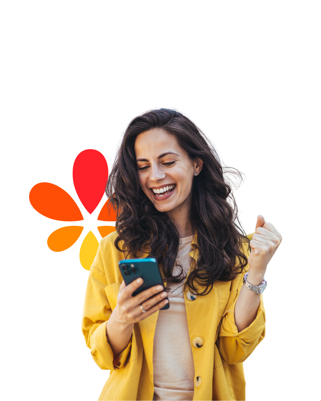 Mulher sorridente vestindo um casaco amarelo, segurando um celular e comemorando com o punho cerrado, com um símbolo colorido em formato de flor estilizada ao fundo.
