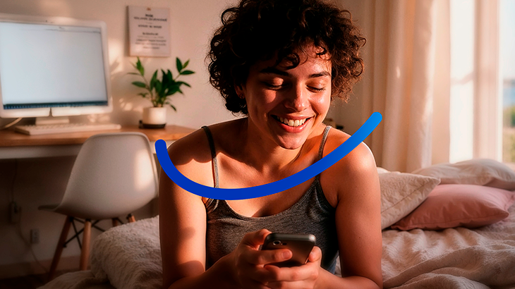 Mulher sorrindo usa celular em ambiente aconchegante em casa.