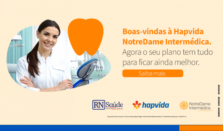 Imagem com uma dentista em seu consultório e a frase boas-vindas à Hapvida NotreDame Intermédica