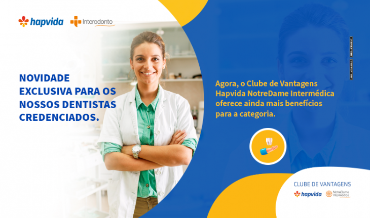 Imagem de uma profissional da saúde em um consultório e a frase novidade exclusiva para os nossos dentistas credenciados